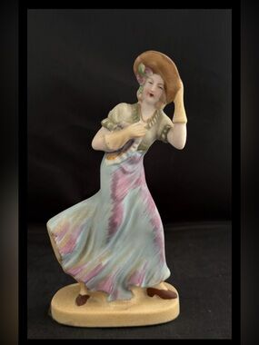 Old Art Deco Ceramic Figurine Lady in Blue Walking on Windy Day Japan 6.5”
